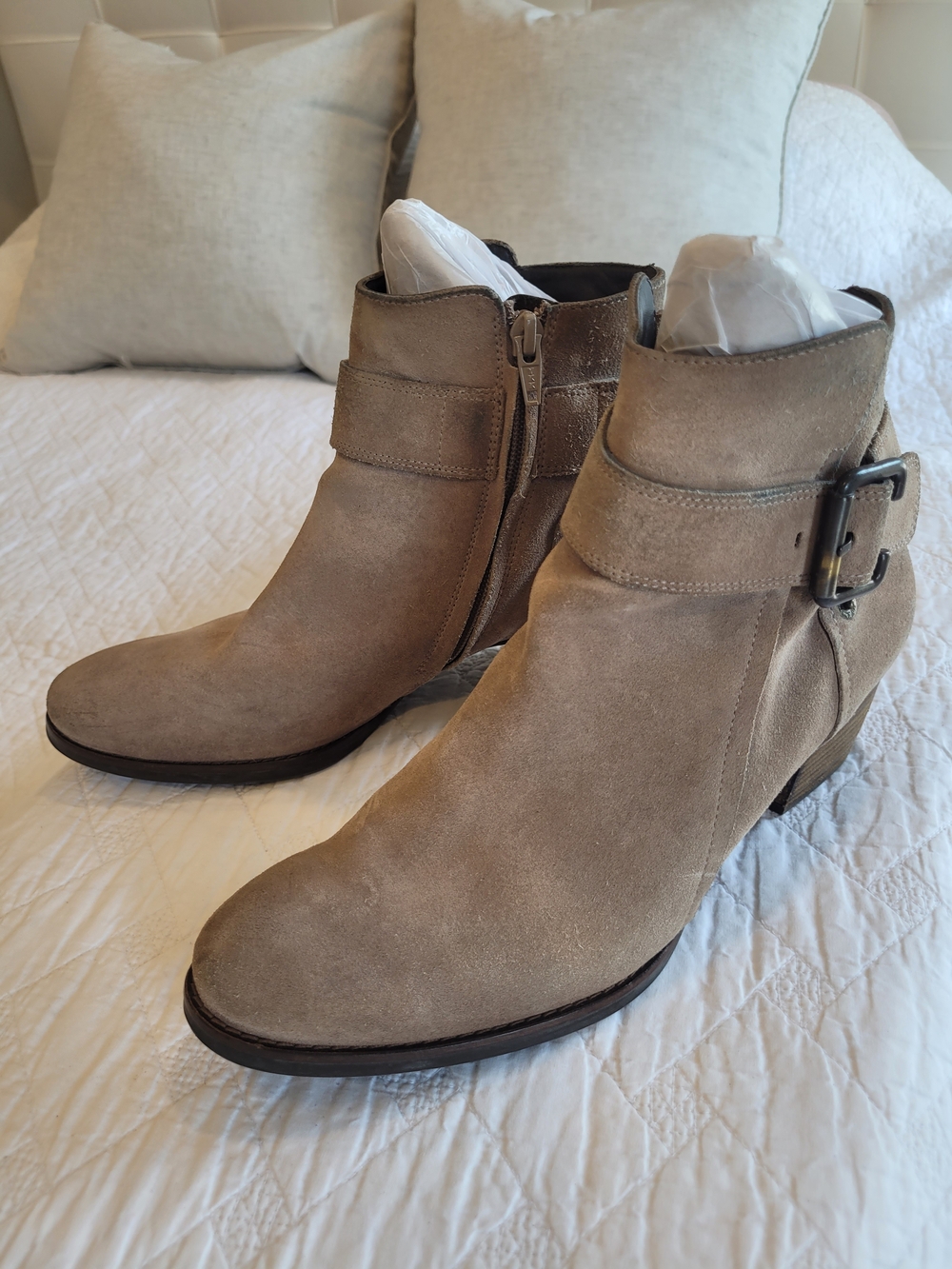 NWOT Paul Green 'Juno' Suede Ankle Bootie in Taupe with Buckle & Stacked Heel